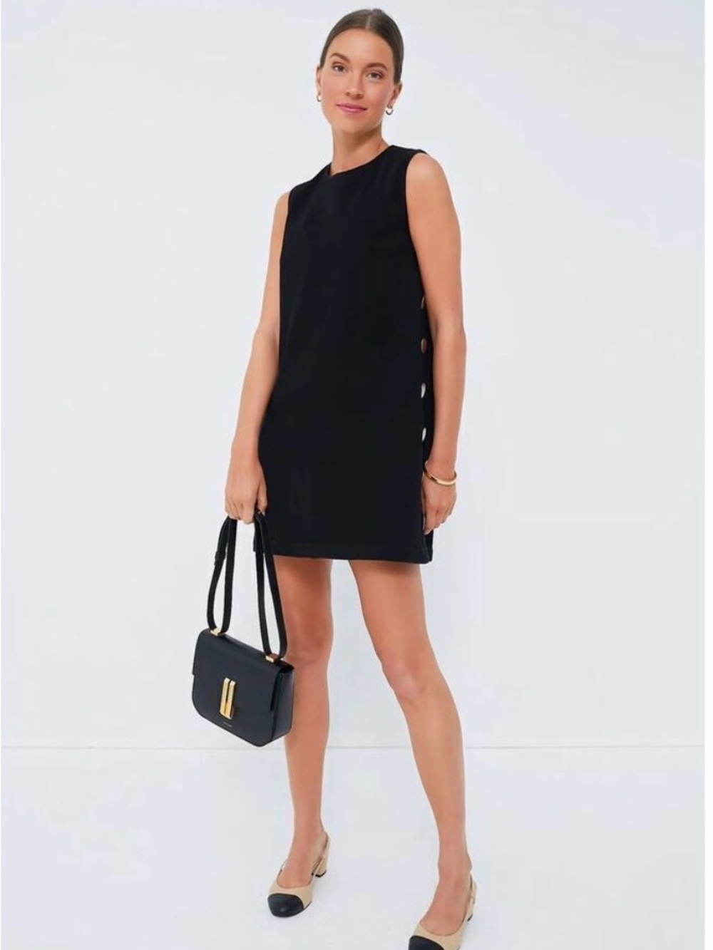 Hyacinth House Sleeveless Black Mini Shift Dress with Side Button Detail